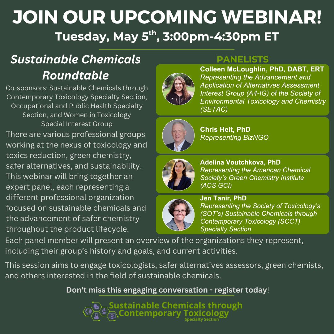 image for the Sustainable Chemicals Roundtable webinar it has photos and descriptions of the speakers which are in this posts description.