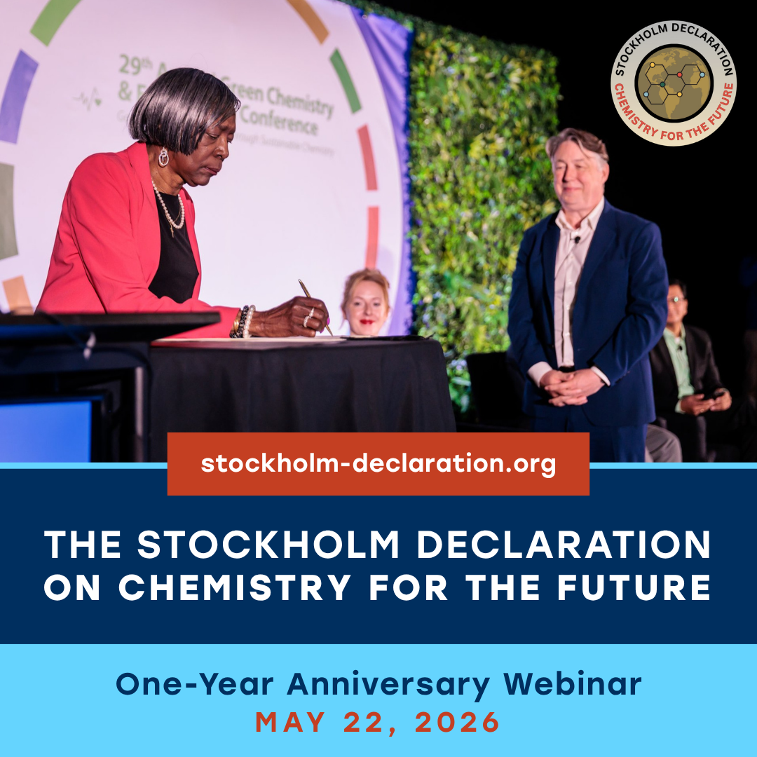 Photo of ACS president signing the Stockholm Declaration and announcement of the webinar