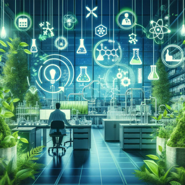 Image of a person in a lab with ideas floating around.