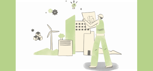cartoon worker imagines a sustainable factory with a windmill