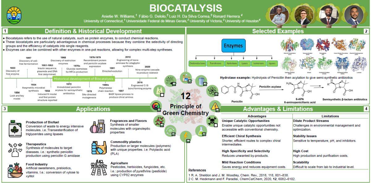 A poster introducing biocatalysis, history, applicaitons, examples, and advantages and limitations.