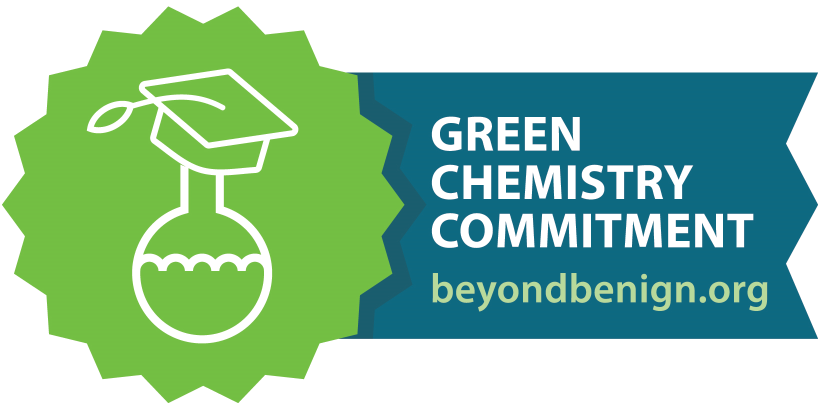 Green flask with graduation cap with banner reading Green Chemistry Commitment followed by Beyond Benign's website URL  