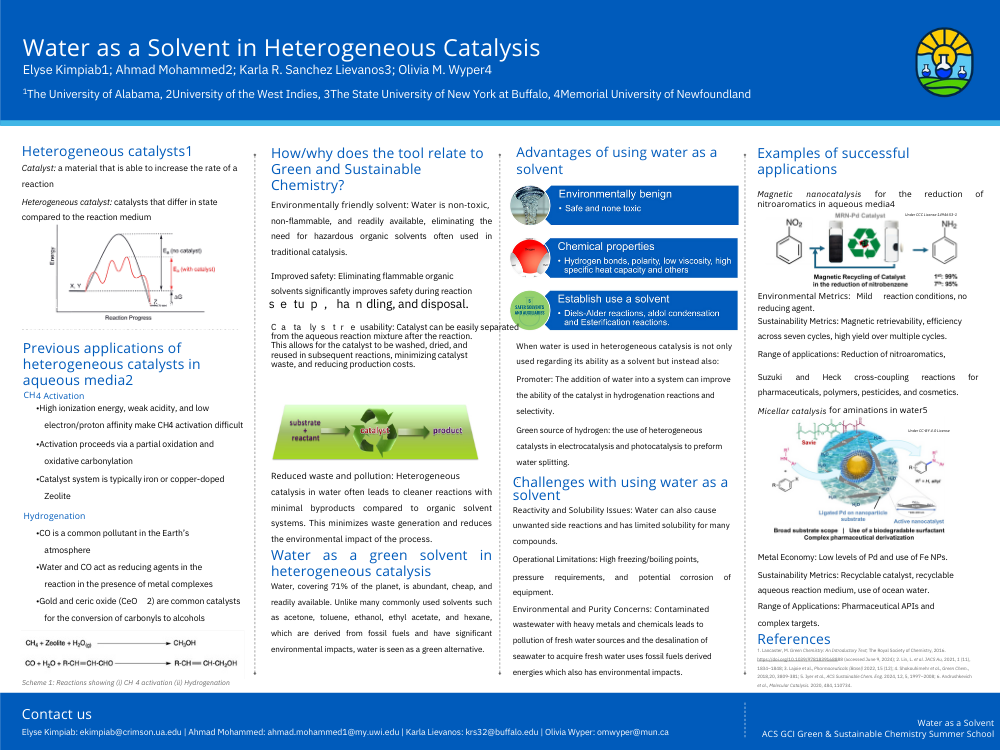 Water as a Solvent in Heterogeneous Catalysis Poster by  Elyse Kimpiab, Ahmad Mohammed, Karla R. Sanchez Lievanos, and Olivia M. Wyper