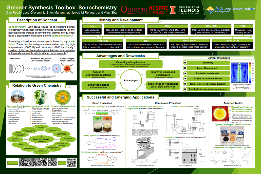 Preview of the poster on sonochemistry, showing sections introducing the topic, providing a timeline of historical events, advantages and drawbacks of the technique, applications, and connections to the Green Chemistry Principles.