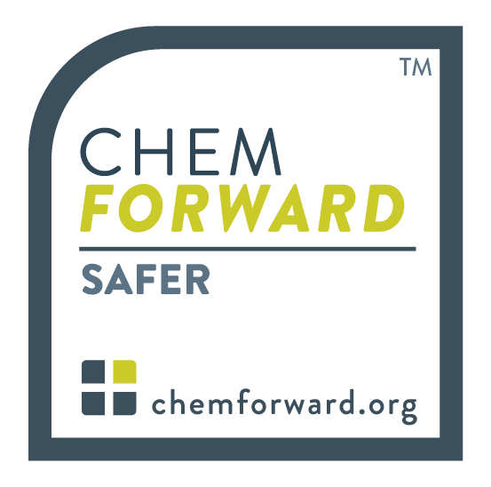 ChemFORWARD SAFER(TM) logo: text says, "ChemFORWARD SAFER" with four green and blue squares at the bottom and "chemforward.org" text. 