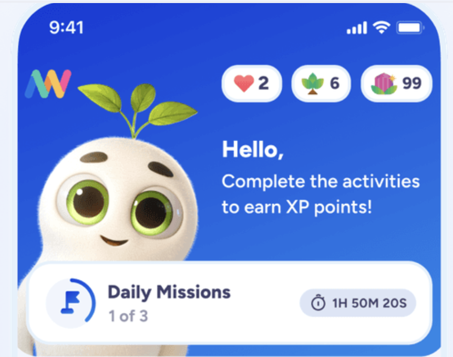 A screenshot of the AWorld App, showing "daily missions" and the app's leaf-topped avatar