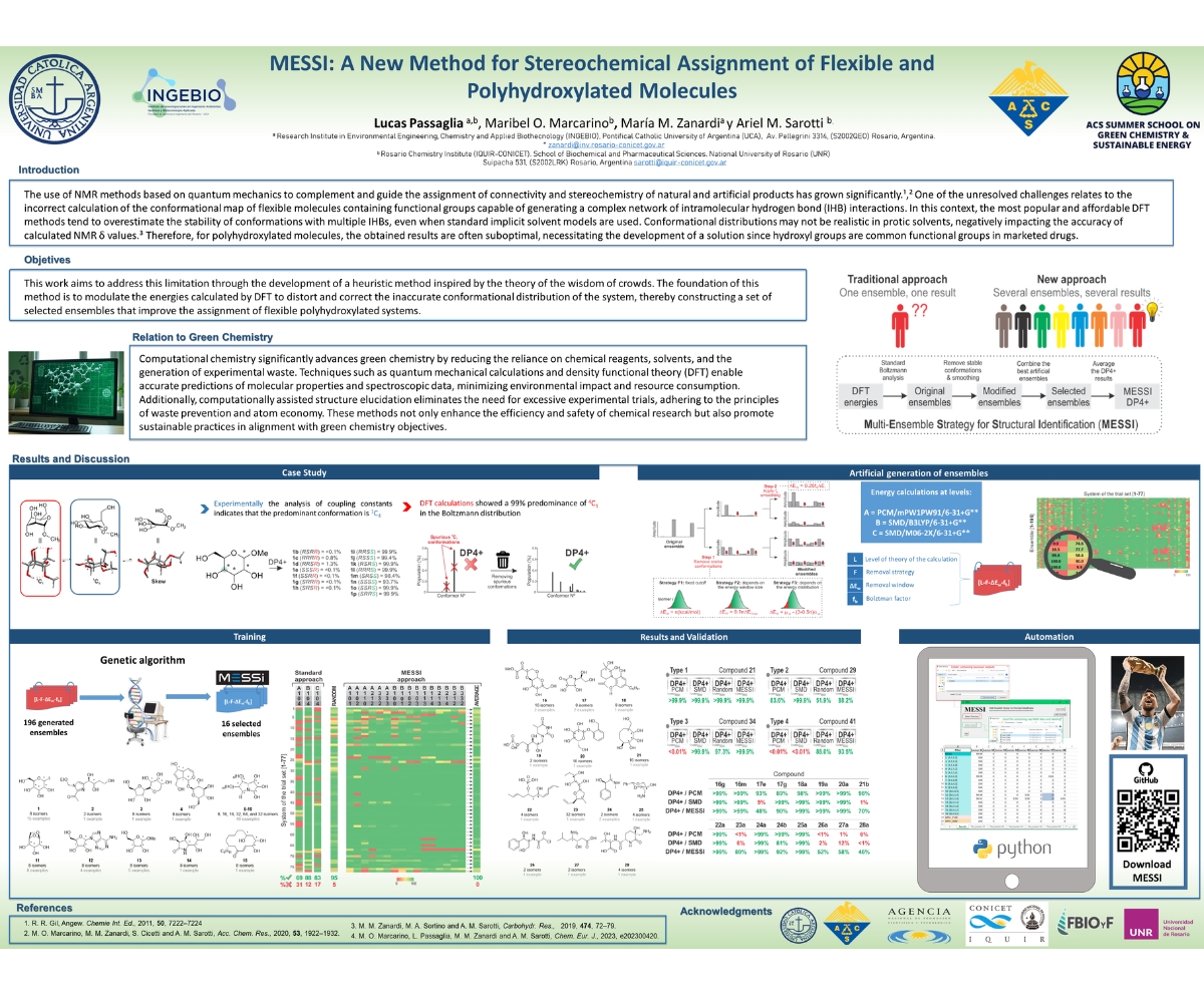 The poster, titled "MESSI: A New Method for Stereochemical Assignment of Flexible and Polyhydroxylated Molecules," presents a computational approach called MESSI (Multi-Ensemble Strategy for Structural Identification), designed to address the limitations of traditional DFT methods in predicting conformational distributions for polyhydroxylated systems. Inspired by the "wisdom of crowds" concept, MESSI uses genetic algorithms to generate and select optimized conformational ensembles, improving the accuracy