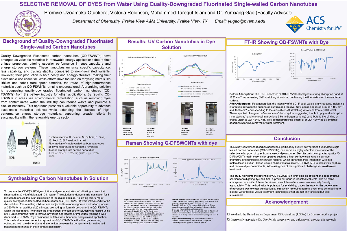 Poster on SELECTIVE REMOVAL OF DYES from Water Using Quality-Downgraded Fluorinated Single-walled Carbo Nanotubes