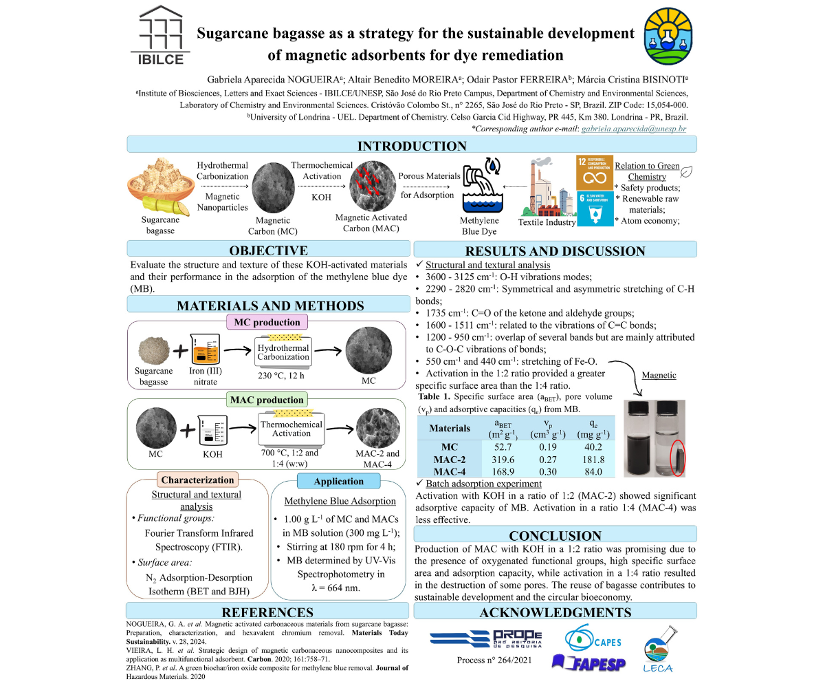 Presentation poster on sugarcane bagasse as a strategy for the sustainable development of magnetic adsorbents for dye remediation.