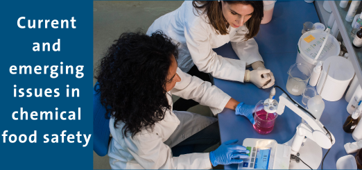 Current and emerging issues in chemical food safety with two women in a lab testing things