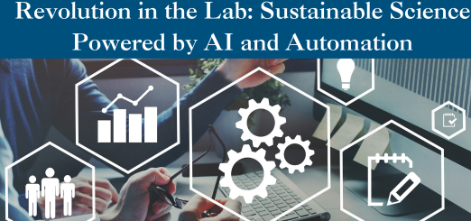 Revolution in the Lab: Sustainable Science Powered by AI and Automation with a background of business hands and icons that show automation