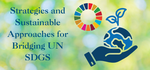 Strategies and Sustainable Approaches for Bridging UN SDGS on a green and blue background. there is the sdg circle logo and a blue hand holding a blue planet