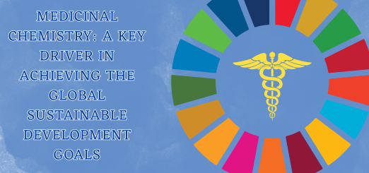 Medicinal Chemistry: A Key Driver in Achieving the Global Sustainable Development Goals it shows the sign for medicine with the twisted wings and the circular multicolored sdg logo 