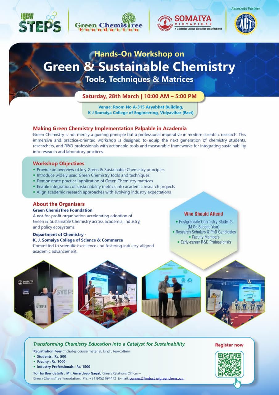 flyer for the Hands-On Workshop on Green & Sustainable Chemistry Tools, Techniques & Metrics