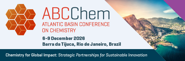 Promotional banner for ABCChem, the Atlantic Basin Conference on Chemistry, scheduled for December 6–9, 2026, in Barra da Tijuca, Rio de Janeiro, Brazil, featuring a hexagonal chemistry-themed logo and a coastal cityscape.