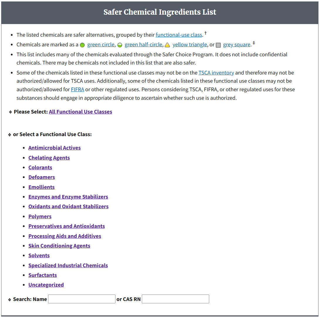 Website of the Safer Chemical Ingredient List