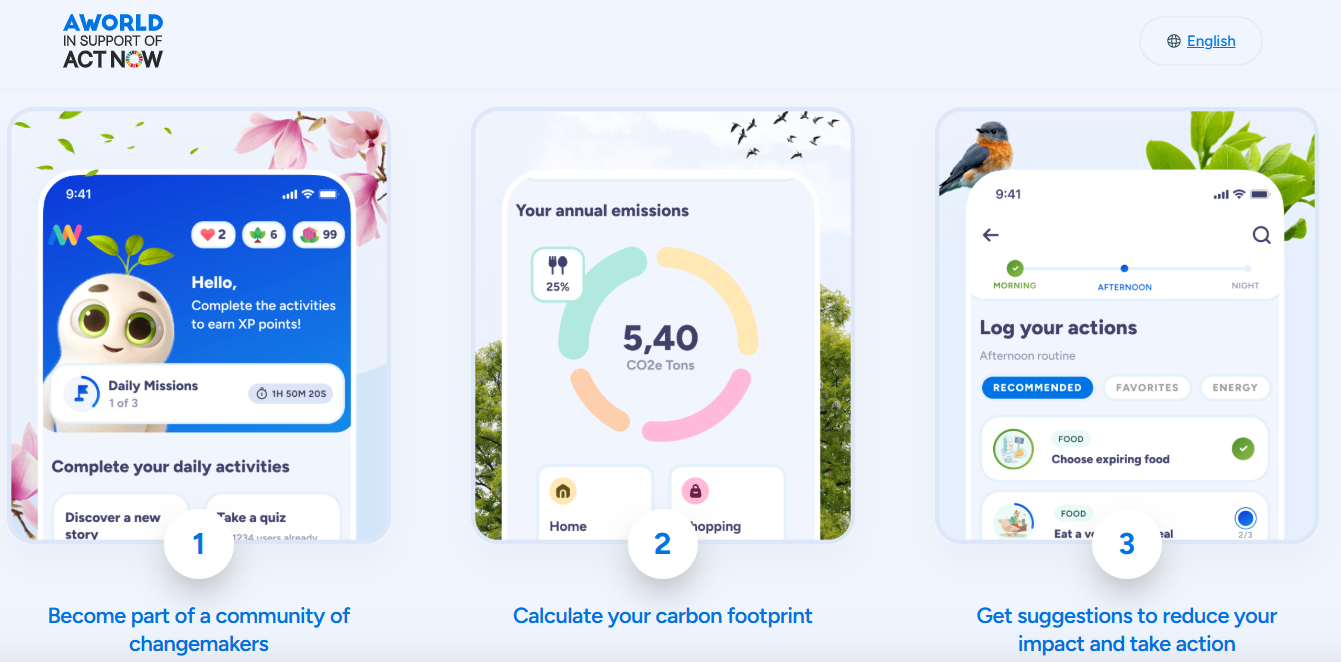 Shows the app has daily activities, a calculation of ones carbon footprint and suggestions actions one can take.
