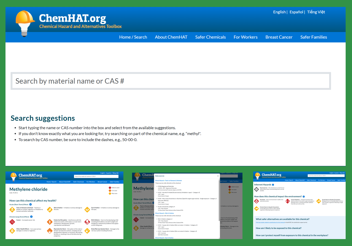 Screenshots of the search page in ChemHat as well as the information on Methylene chloride - both a high level summary and examples of datasources
