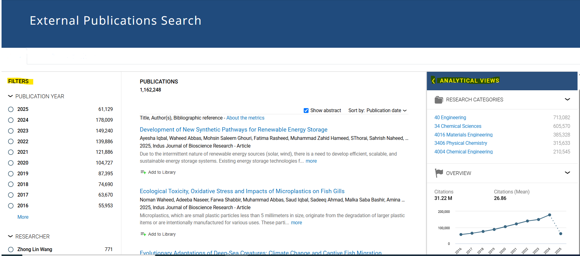 Screenshot of the Dimensions platform in the Chemistry for sustainability  