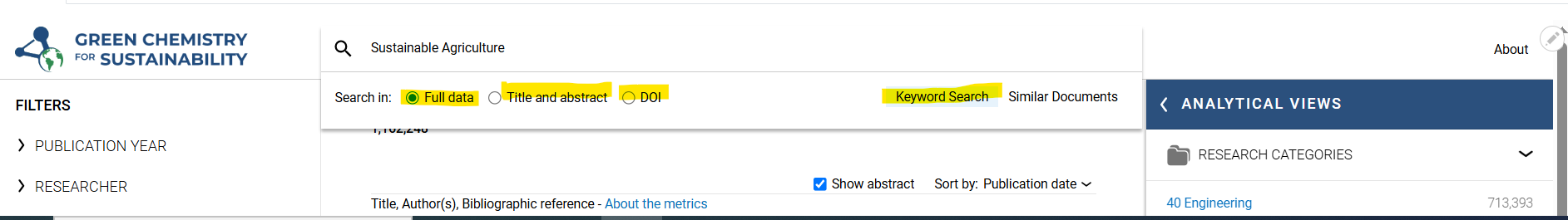 Showing Keyword search features