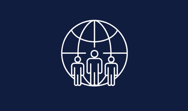 globe icon with people standing infront on dark background