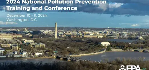 Aerial photo of Washington, DC's monuments with overlay text 2024 National Pollution Prevention Training and Conference