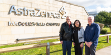 Mike Kopach (Lilly) and Paul Richardson (Pfizer) with ASC GCI Assistant Director Isamir Martinez in front of the AstraZeneca sign. Credit: James White Photography