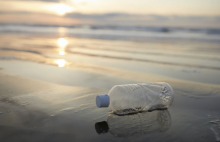 Picture by Canva, plastic bottle by the sea  