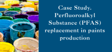 Shows colorful used paint buckets and says: Case Study. Perfluoroalkyl Substance (PFAS) replacement in paints production