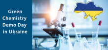 Green Chemistry Demo Day in Ukraine with a ukraine flag super imposed over the shape of Ukraine. THAT IS ON TOP OF A PICTURE OF a microscope and glass beakers