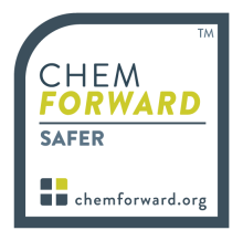 ChemFORWARD SAFER(TM) logo: text says, "ChemFORWARD SAFER" with four green and blue squares at the bottom and "chemforward.org" text. 