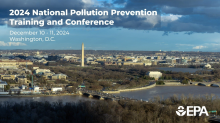 Aerial photo of Washington, DC's monuments with overlay text 2024 National Pollution Prevention Training and Conference