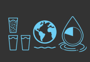 icons showing three glasses of water with only one full, the globe, and a drop of water