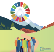 Cover artwork of the 2024 Sustainable Development Report showing people looking up at a mountain whose peak is circled by a ring of the SDG colors