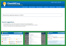 Screenshots of the search page in ChemHat as well as the information on Methylene chloride - both a high level summary and examples of datasources