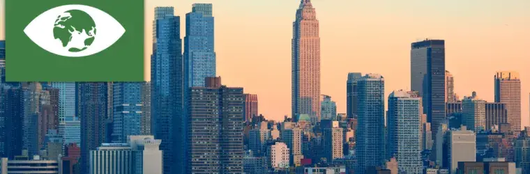 The UN SDG icon for goal number 13, climate action, is superimposed on a photo of the new york city skyline