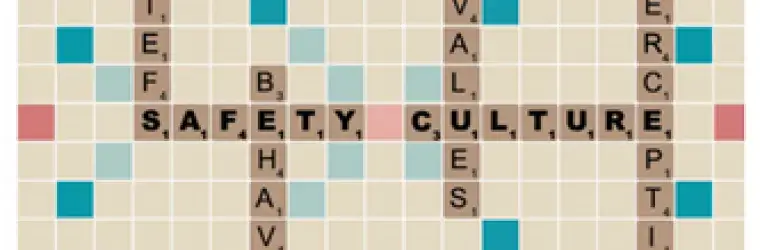 Multi-color crossword puzzle with the word "Safety Culture" spelled out with bold tiles in the center. The words "Beliefs", "Behaviors", "Values", and "Perceptions" are spelled out with tiles and stem from the central word "Safety Culture".