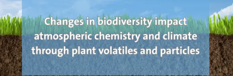 Phot of dirt, grass and sky  with an overlay saying: Changes in biodiversity impact atmospheric chemistry and climate through plant volatiles and particles