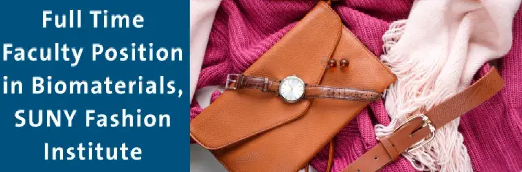 Full Time Faculty Position in Biomaterials, SUNY Fashion Institute. Image shows a brown watch, brown clutch, and brown belt. All the accessories are on top of a pink sweater and blush pink top.