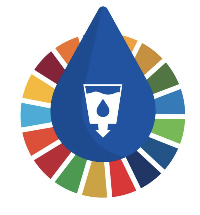 a circle made out of SDG-colored bands with the Clean Water goal symbol called out in the middle